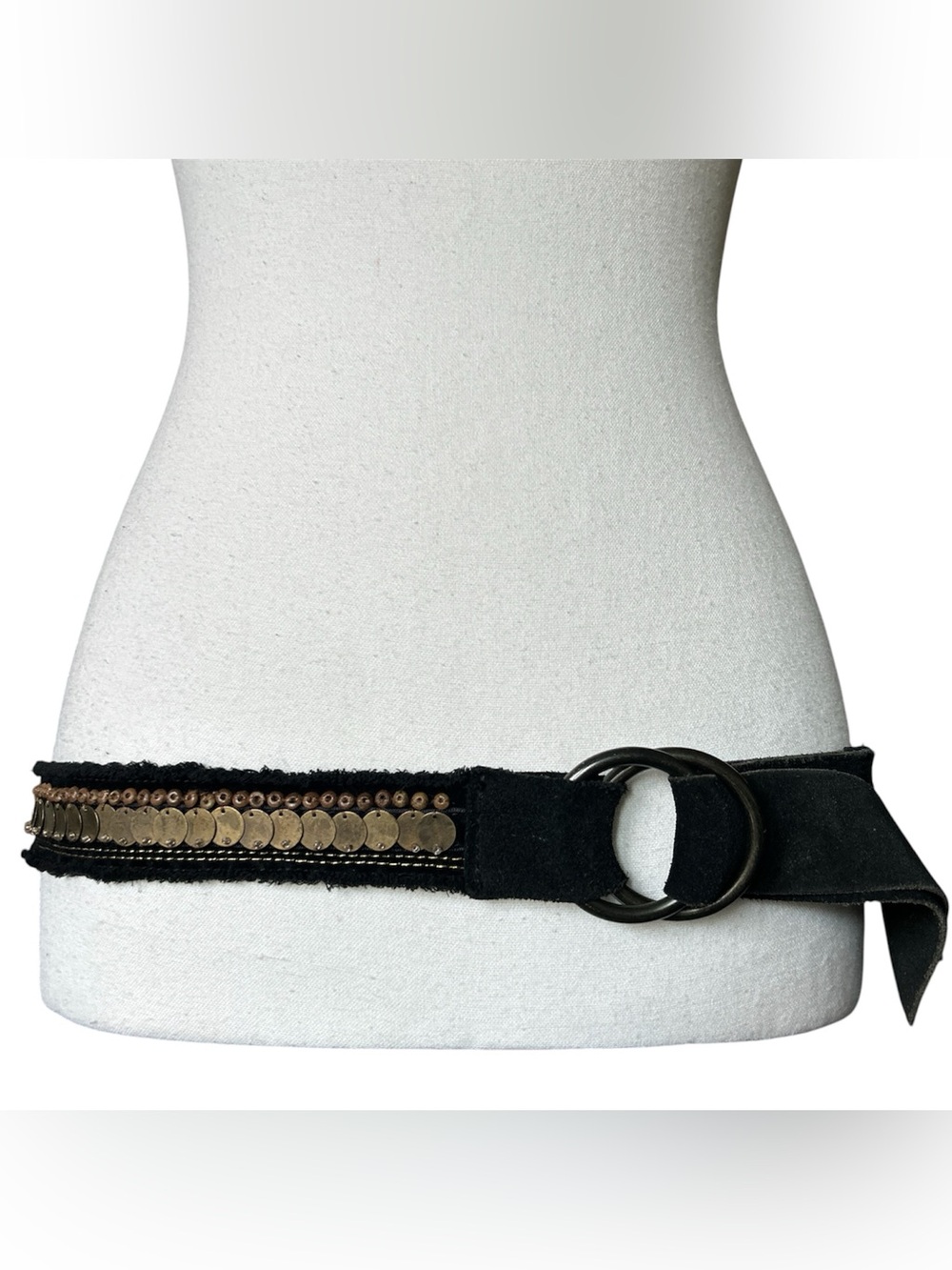Y2K Grunge Style Black and Gold Faux Suede Beaded Belt